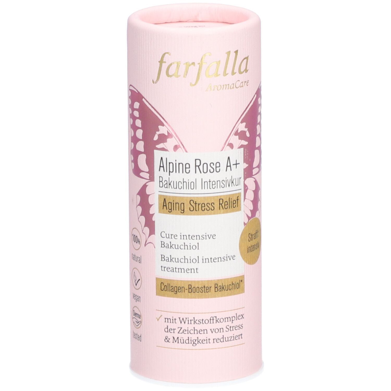 Emballage cylindrique rose avec nom du produit et motif papillon. Contient "Alpine Rose A+" et "Aging Stress Relief".