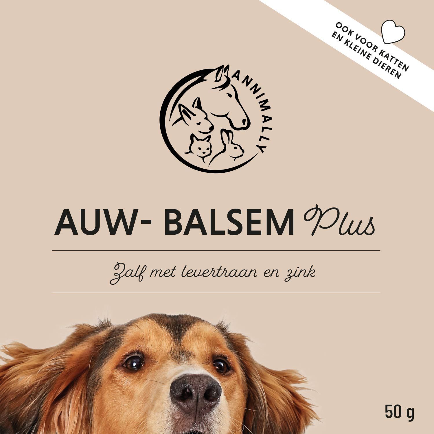 Tekst over de zinkzalf. Met hond op bed.