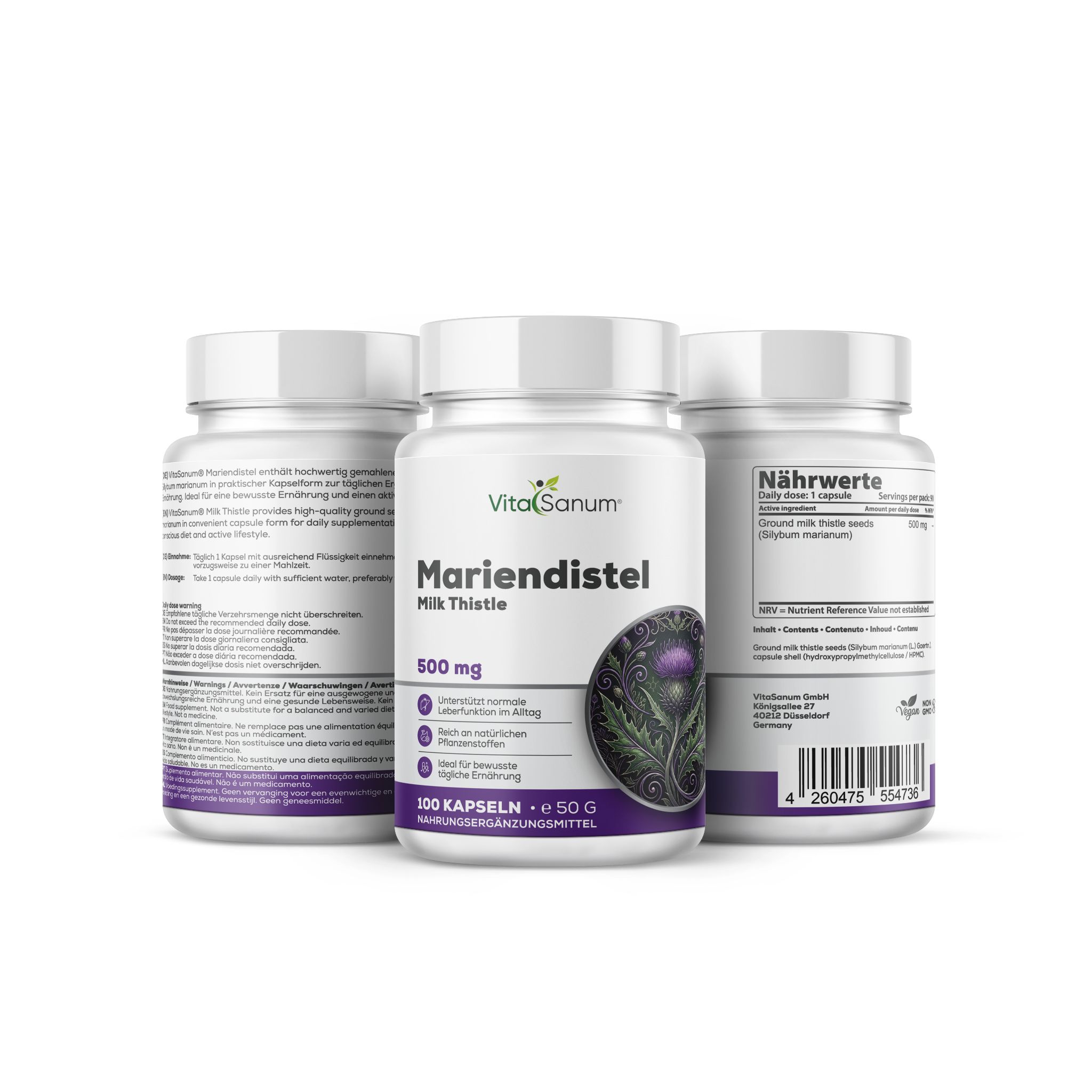 Trois pots de gélules VitaSanum Chardon-Marie, 500 mg. Pots blancs avec étiquettes détaillées, l'un avec informations nutritionnelles.