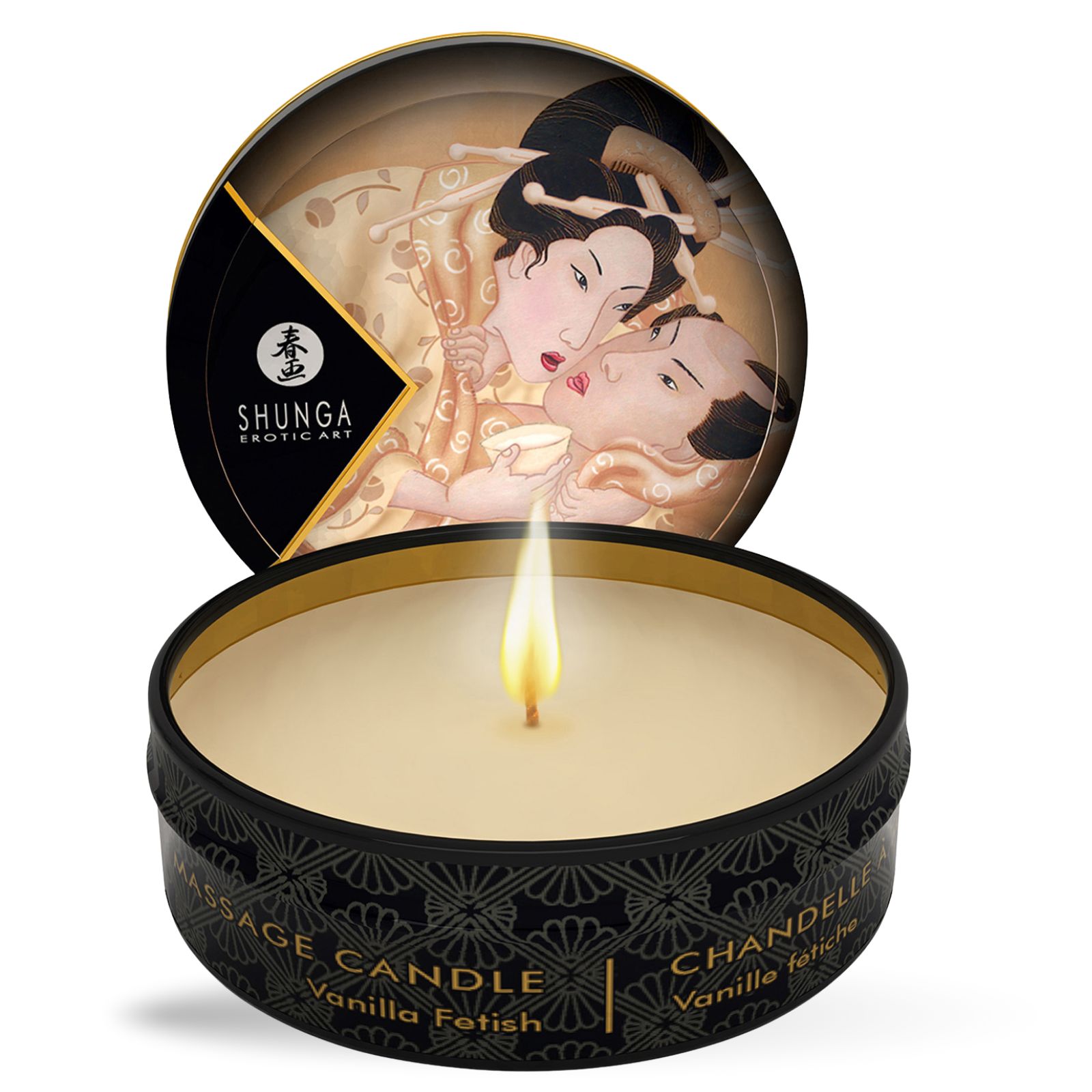Ronde, zwarte massagekaars met deksel. Opschrift: Massage Candle, Vanilla Fetish. Deksel met erotisch motief.