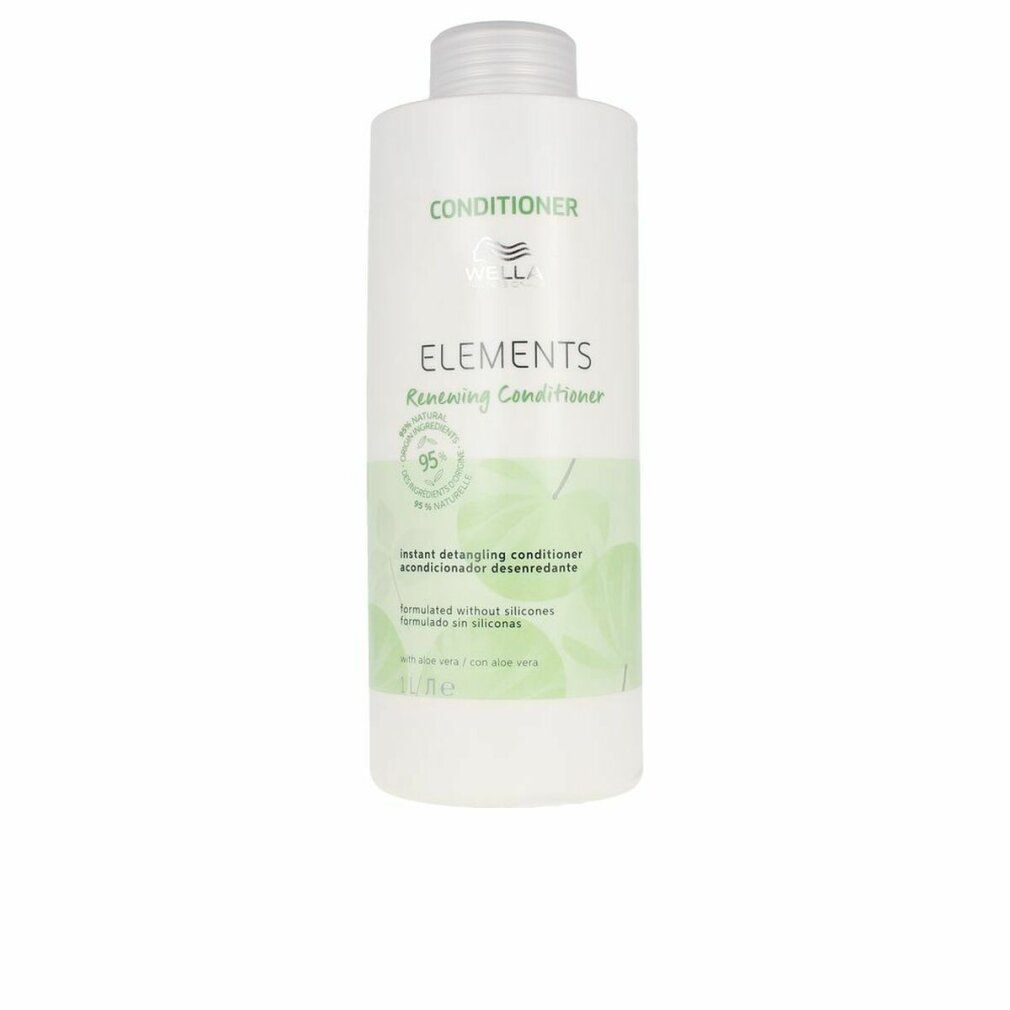 Flacon blanc avec motif de feuilles vertes. Inscription: CONDITIONER, ELEMENTS, Renewing Conditioner, 95% Natural.