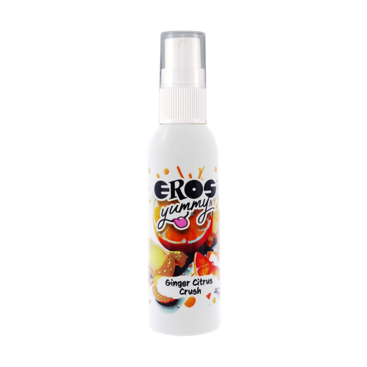 Flacon spray blanc avec étiquette "EROS yummy Ginger Citrus Crush". Illustration de fruits. Tête de pulvérisation transparente.