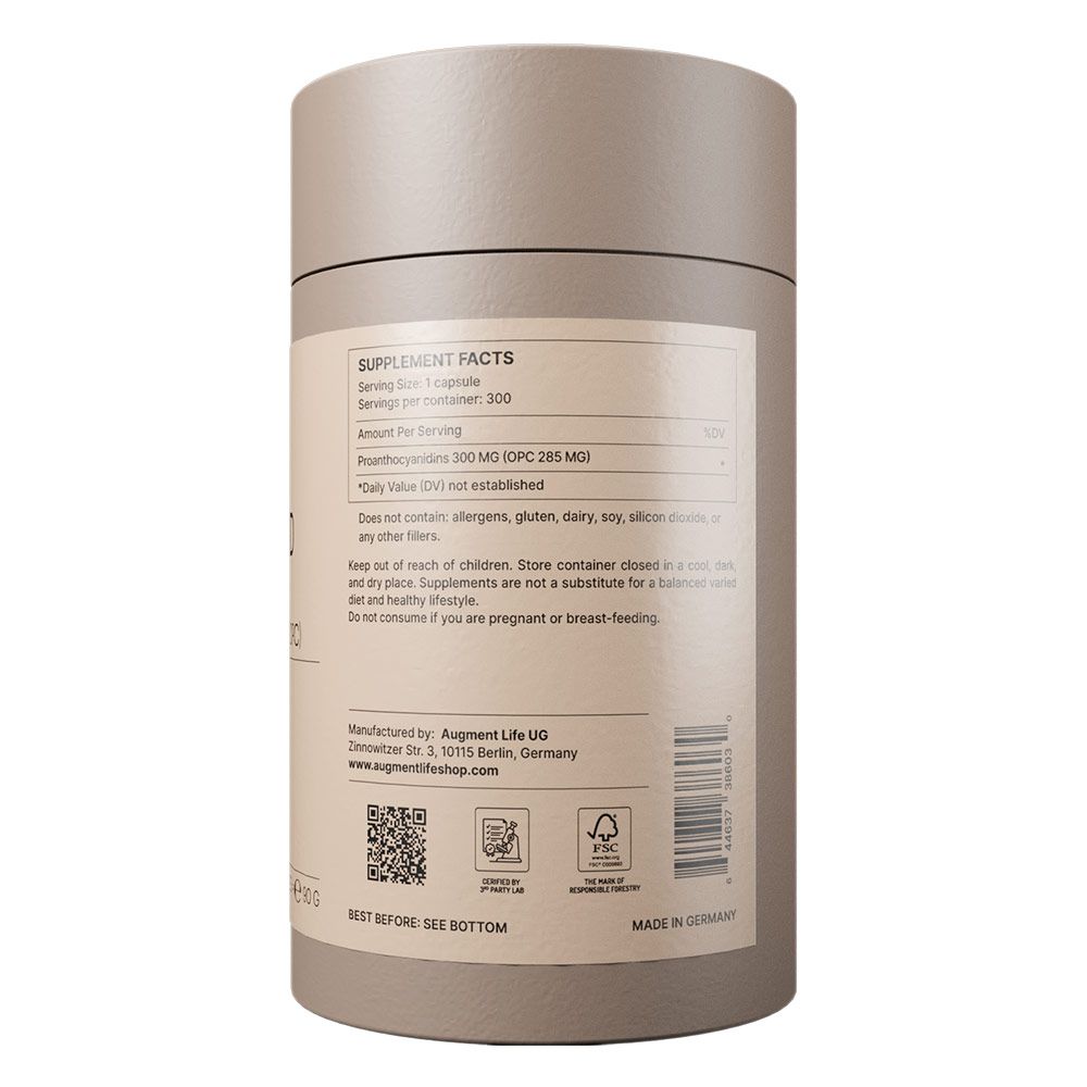 Voedingsfeiten op een ronde pot: 1 capsule per portie, 300 porties per verpakking. Bevat 300 mg pijnboomschorsextract (OPC 285 mg). Vrij van allergenen, gluten, soja, siliconen. Geproduceerd door Augment Life UG in Berlijn, Duitsland.