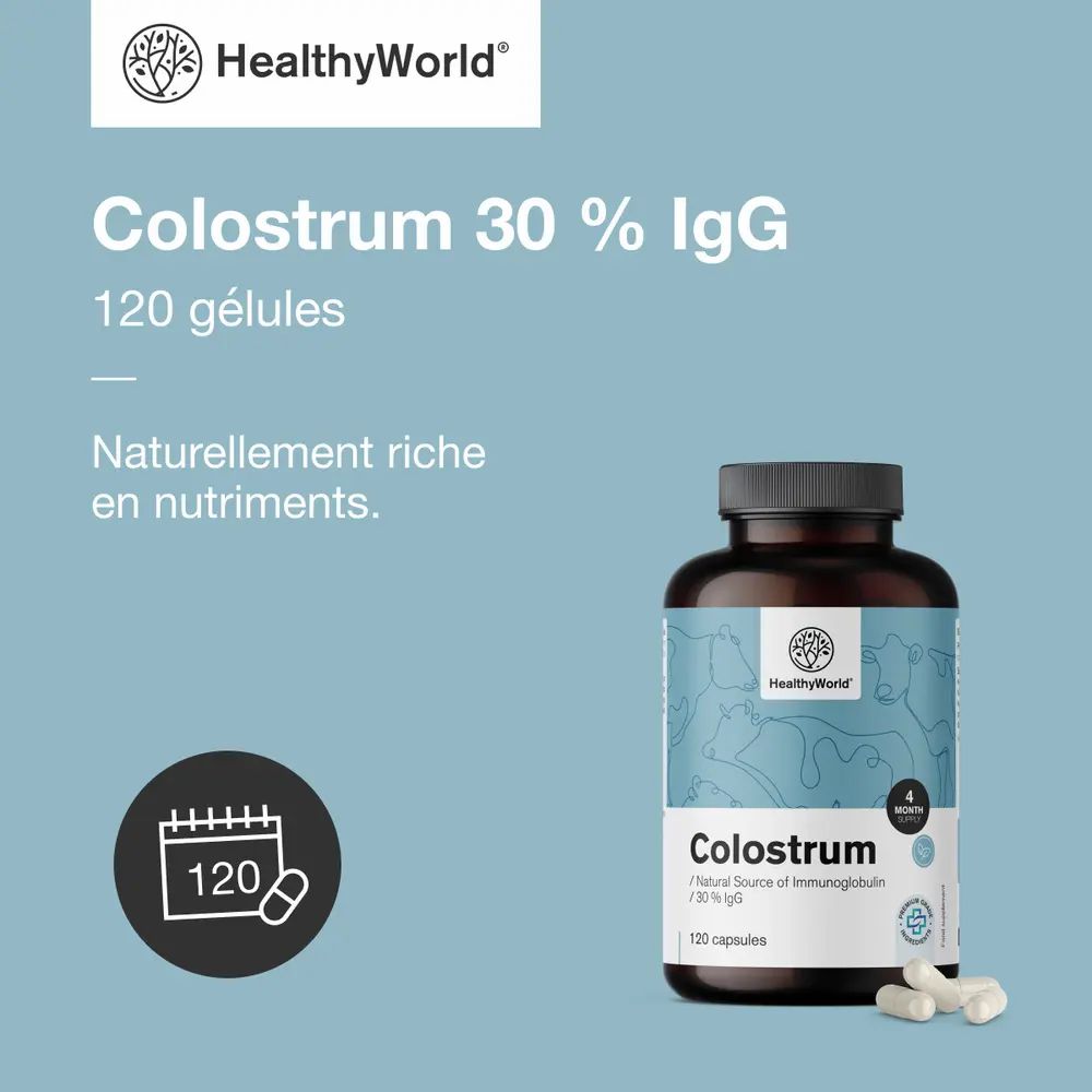 Flacon avec capsules. Texte: Colostrum 30% IgG, 120 gélules. Naturellement riche en nutriments.