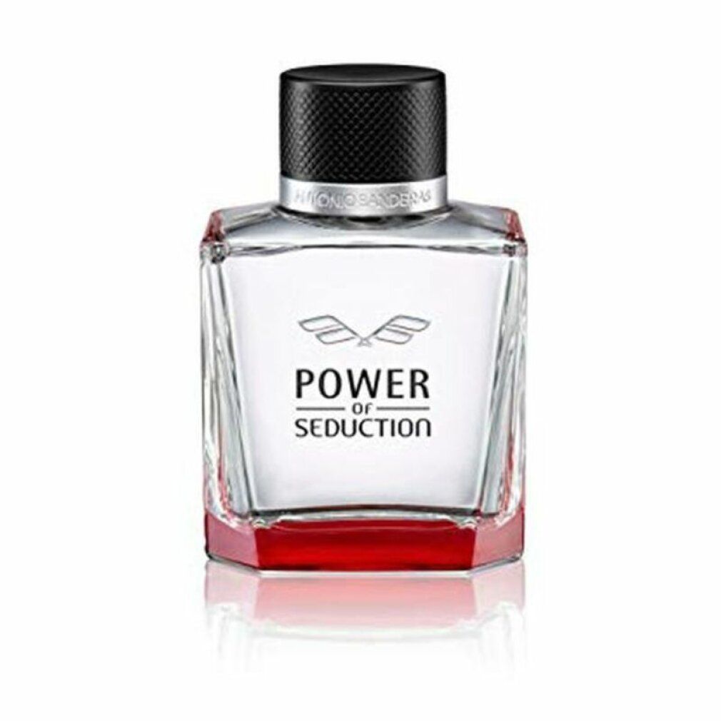 Vooraanzicht van een glazen flacon met zwarte dop en rode voet, "Power of Seduction" tekst.