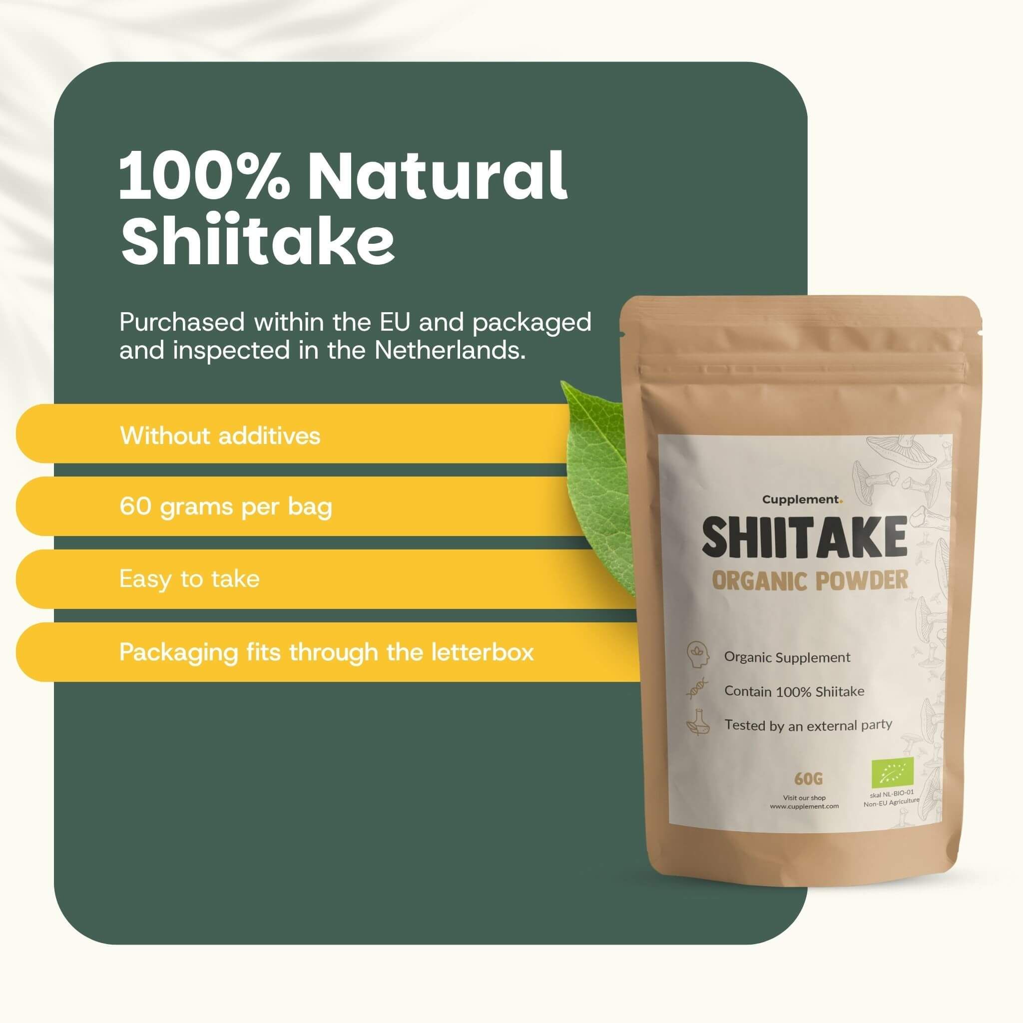 Sachet de Shiitake Organic Powder. Texte : Shiitake 100% naturel. 60 grammes par sachet. Avec label bio.