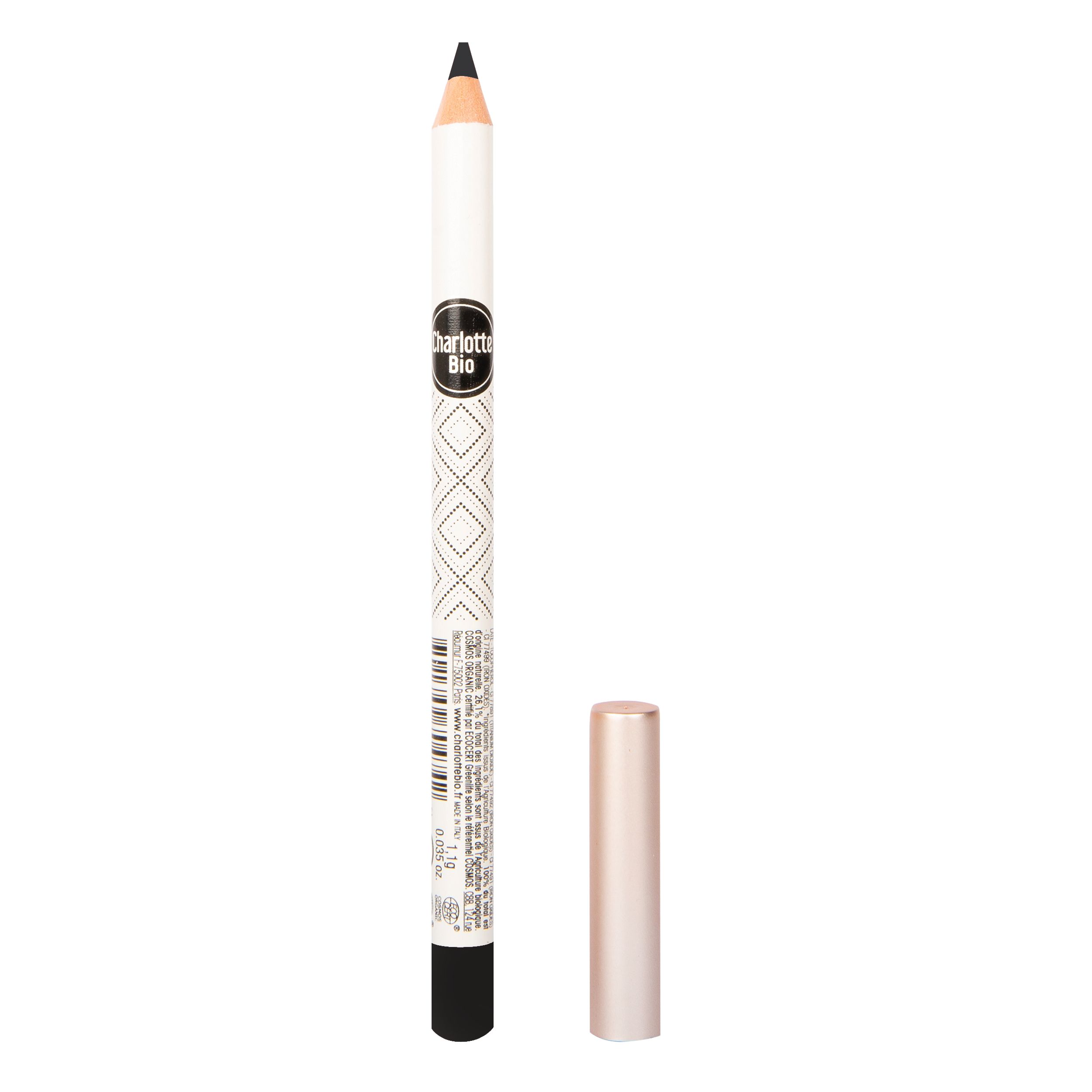 Crayon pour les yeux noir avec corps blanc et capuchon rose. Le crayon porte l'inscription "Charlotte Bio".