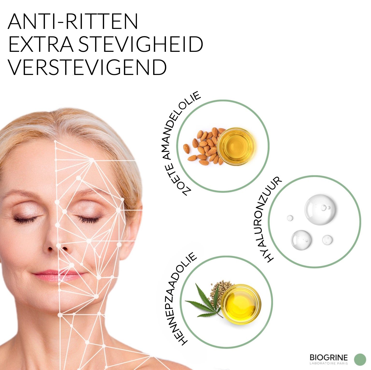 Vrouw met gezichtsanalyse. Tekst: Anti-rimpel, extra stevigheid. Ingrediënten: amandelolie, hyaluronzuur, cannabisolie. BIOGRINE.
