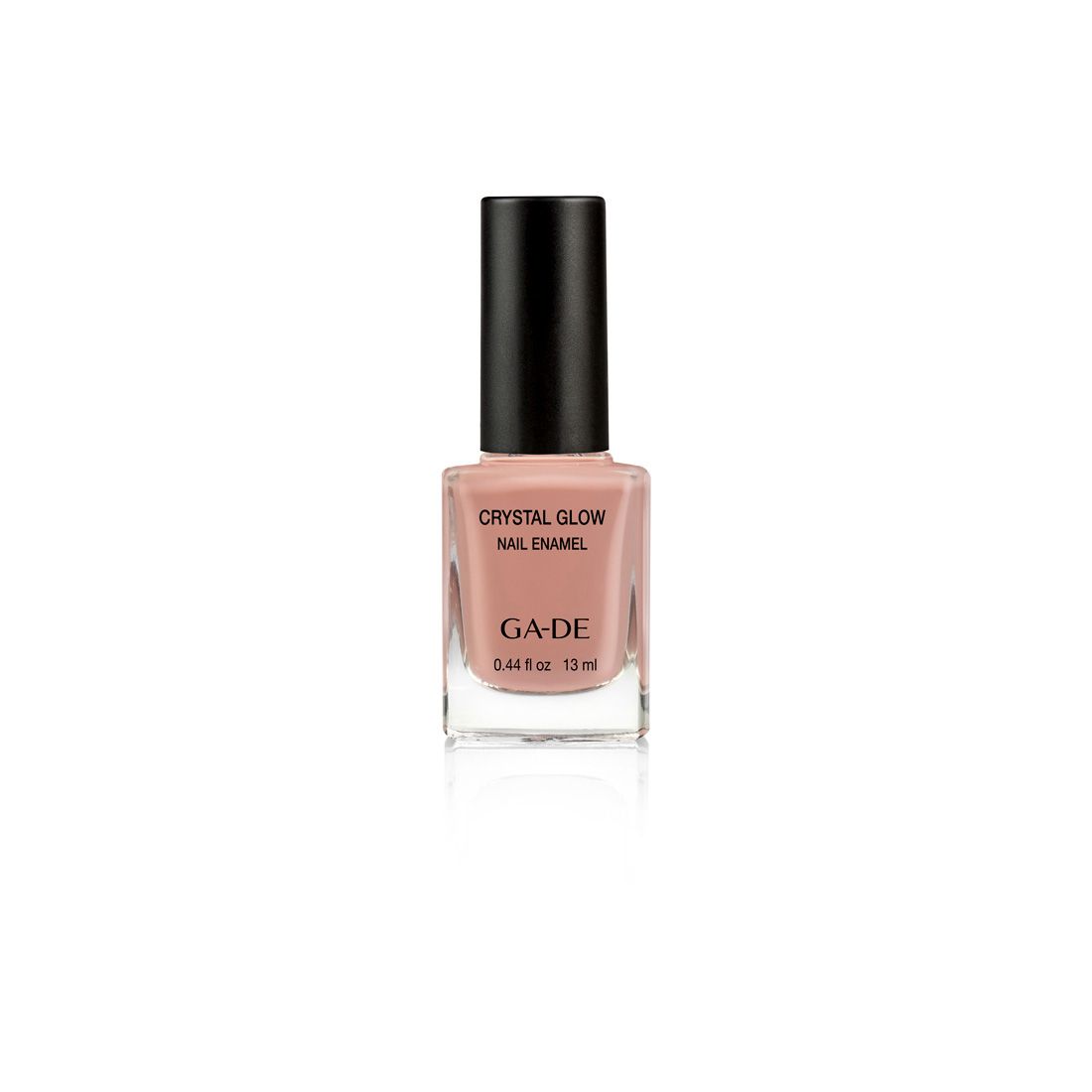 Ga-De Crystal Glow nagellak. Flesje roze nagellak, zwarte dop. Opschriften: Crystal Glow, Nail Enamel, GA-DE, 0.44 fl oz, 13 ml.