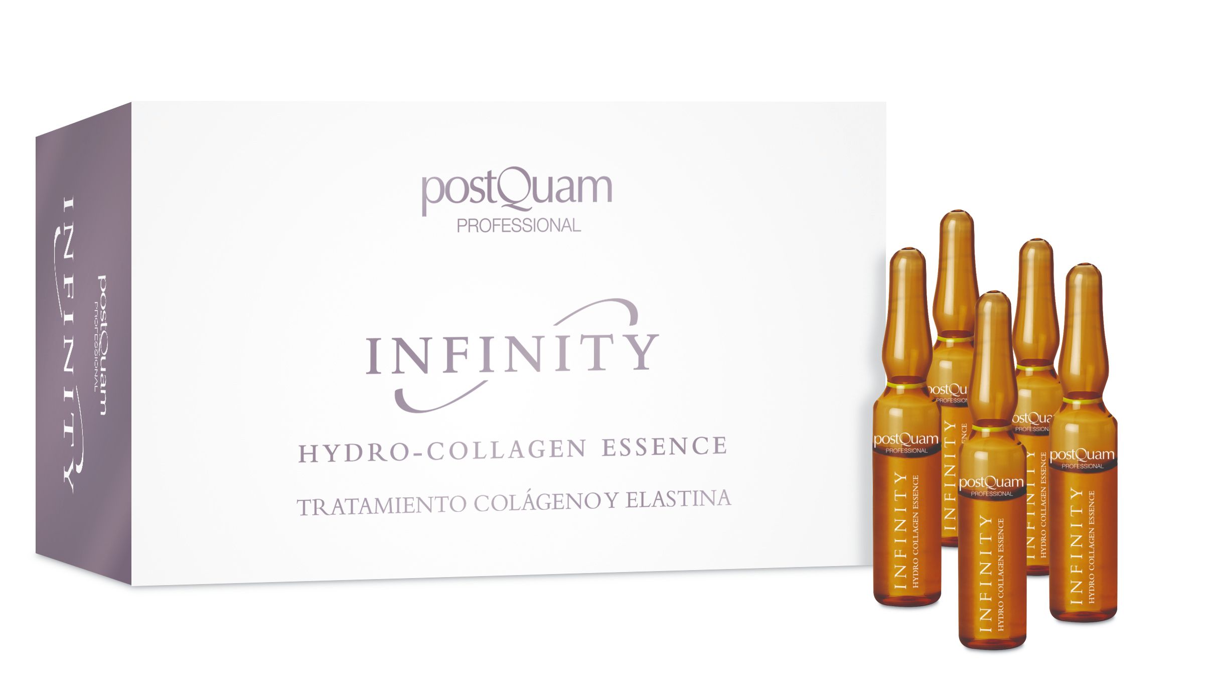 Boîte et ampoules. Inscription: INFINITY Hydro-Collagen Essence. Marque: Postquam Professional. Ampoules brunes.