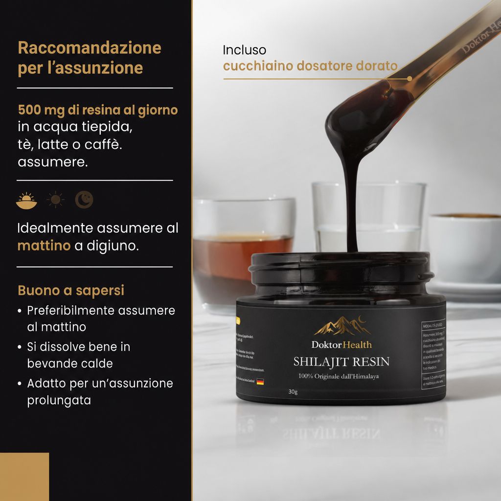 Bocal noir à couvercle doré, rempli de résine de Shilajit, sur fond de montagnes.