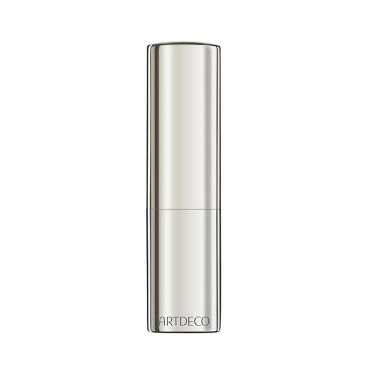 Zilverkleurige lipstick in cilindrische huls. Merk ARTDECO onderaan.