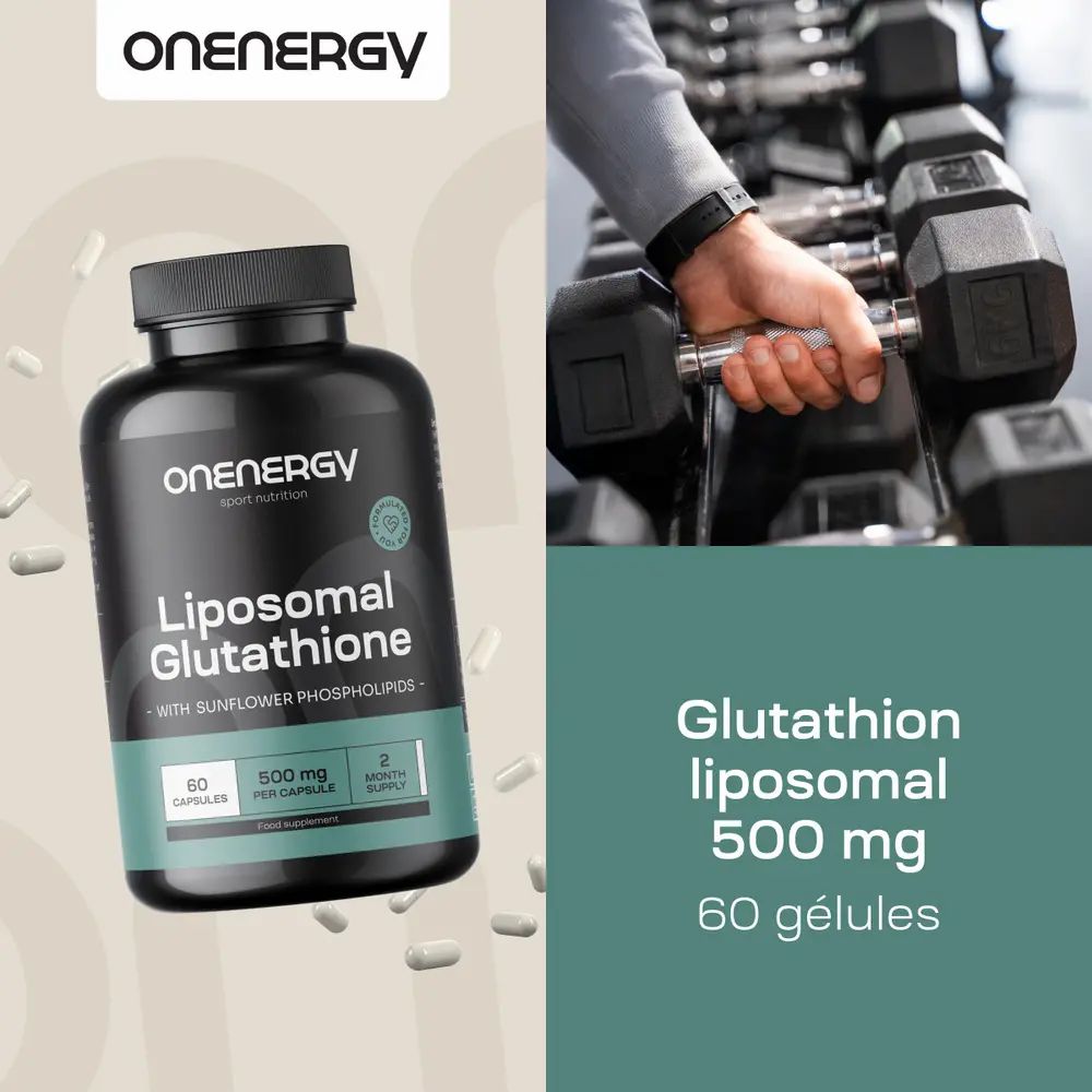 Trois flacons avec capsules. Texte: Glutathion liposomale 500 mg. Formule liposomale pour une absorption optimale.