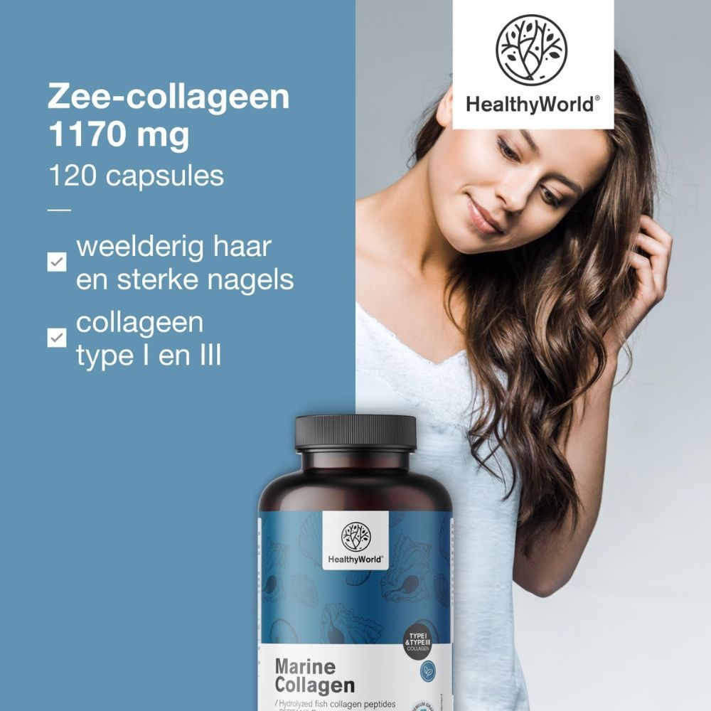 Fles met tekst: Zeecollageen 1170 mg, 120 capsules. Logo: HealthyWorld. Vrouw raakt haar aan.