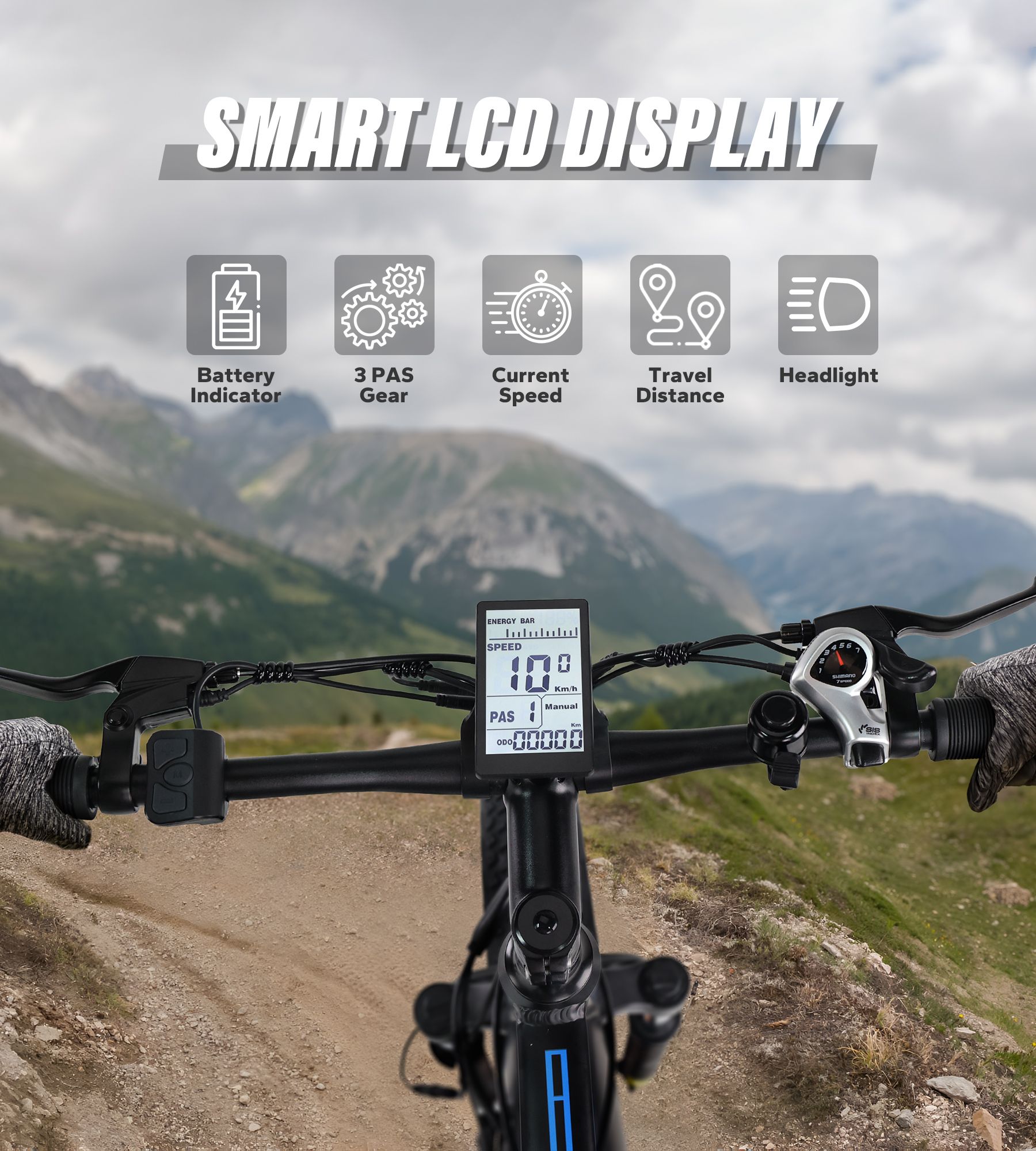 E-bike stuur met slim LCD-scherm. Batterij-indicator, versnellingen, snelheid, afstand, koplamp.