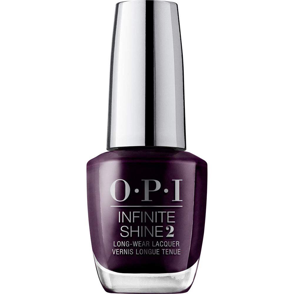 Flacon de vernis à ongles OPI Infinite Shine 2, vernis violet foncé, bouchon argenté.