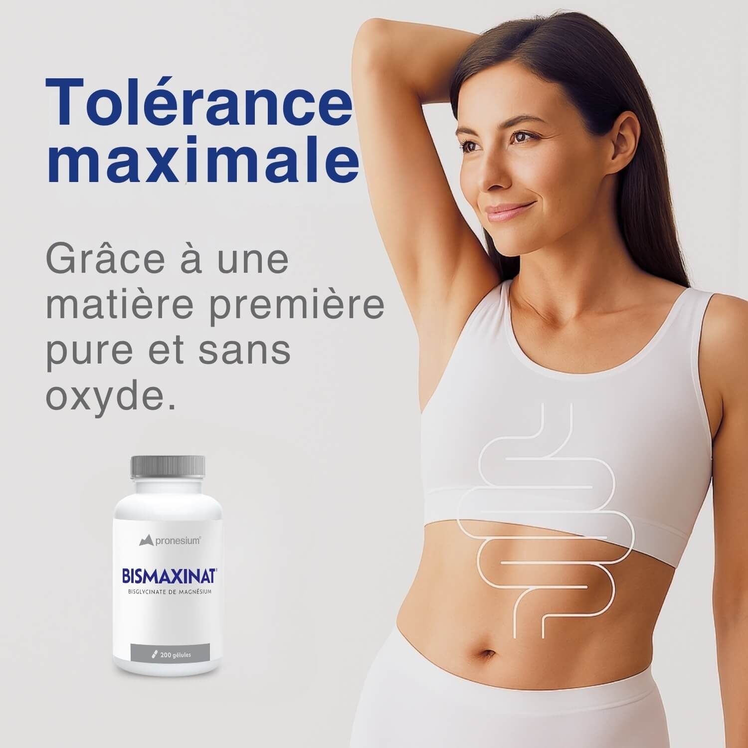 Femme en débardeur blanc. Flacon BISMAXINAT. Schéma du système digestif.