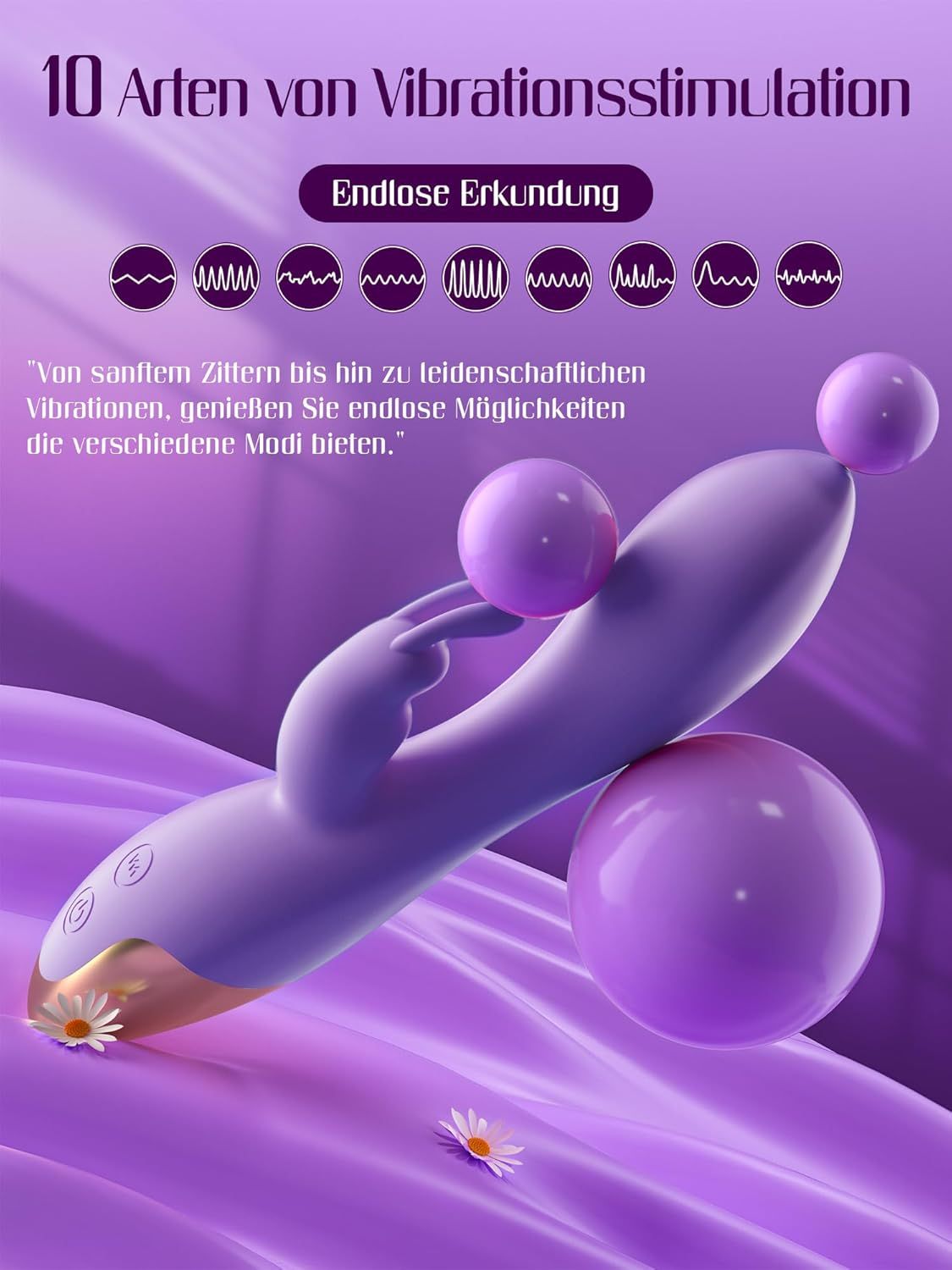 Paarse vibrator met 10 vibratiestanden, gepresenteerd met paarse bollen en stof.