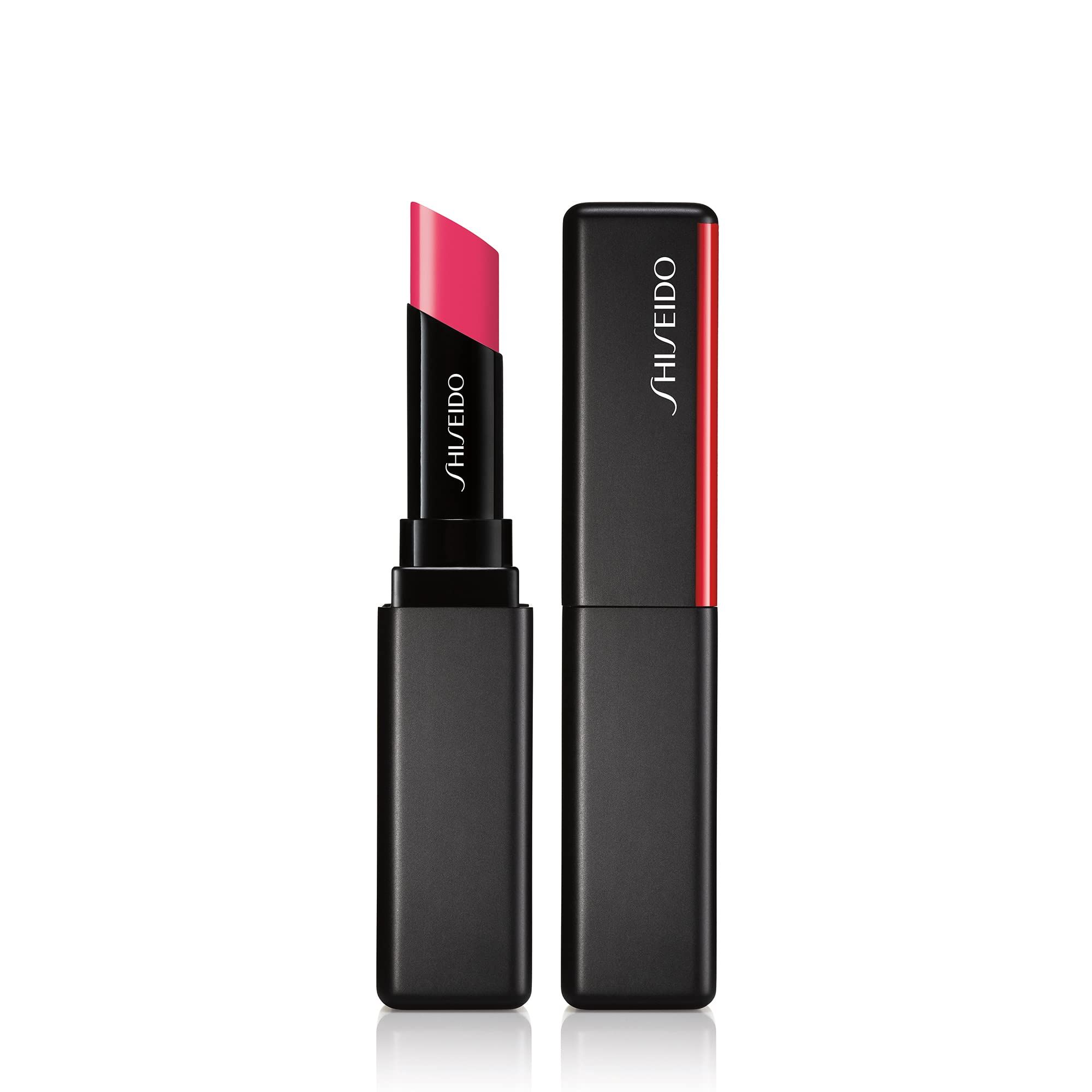 Baume à lèvres noir avec accent rouge, rouge à lèvres rose ouvert. Le rouge à lèvres porte le texte SHISEIDO.