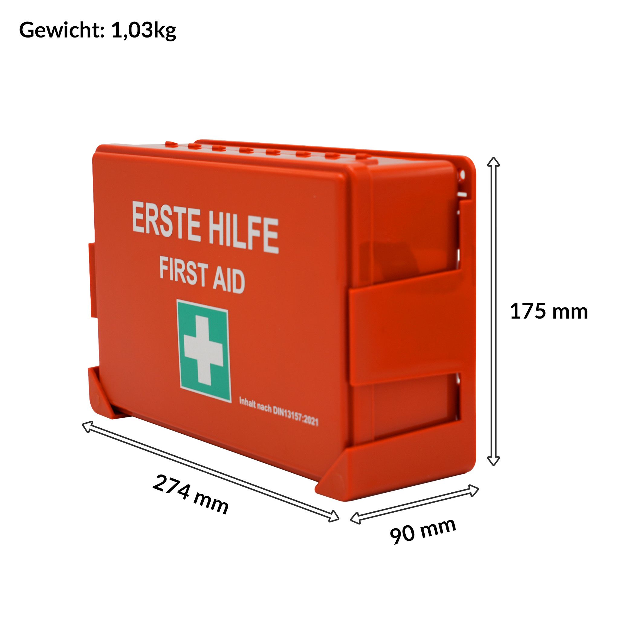 Trousse de premiers secours rouge, 274x175x90mm. Poids: 1,03 kg. Inscription: Erste Hilfe/First Aid. Croix verte.