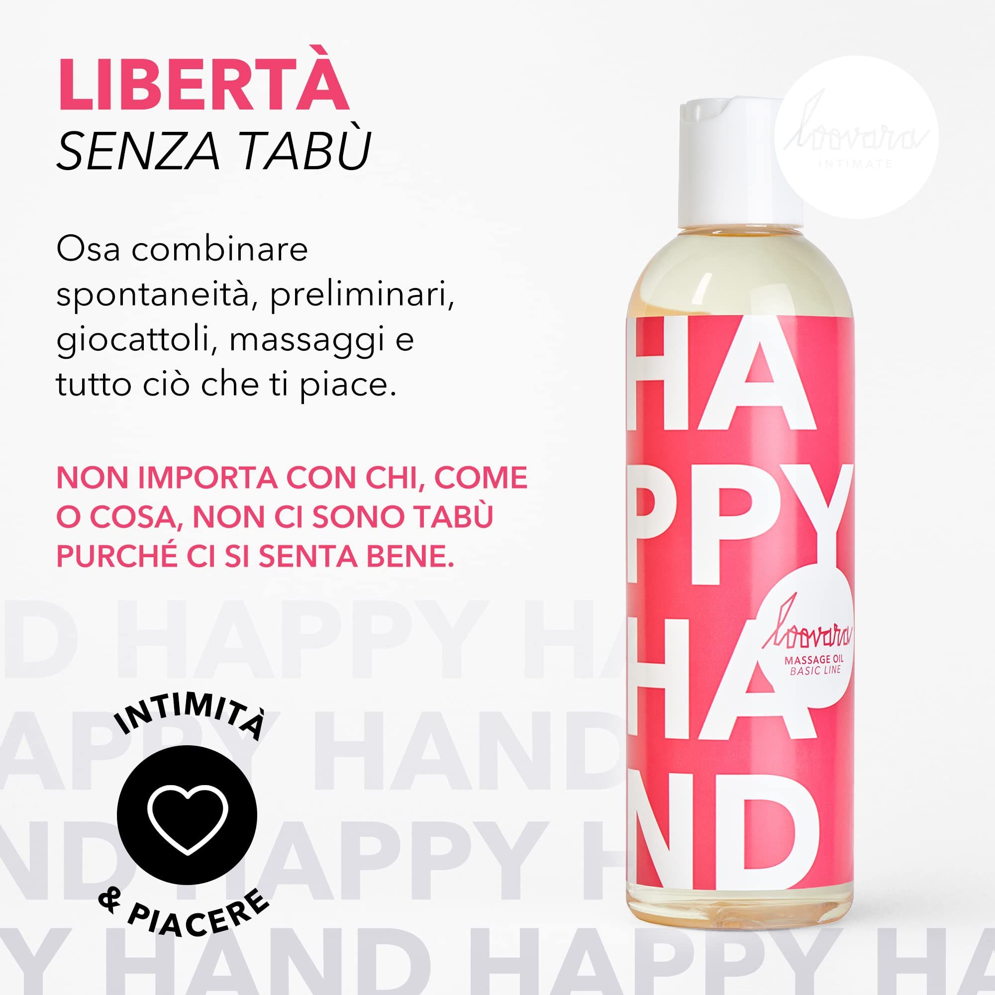 Bouteille d'huile de massage Loovara Happy Hand avec inscription 'HAPPY HAND'.