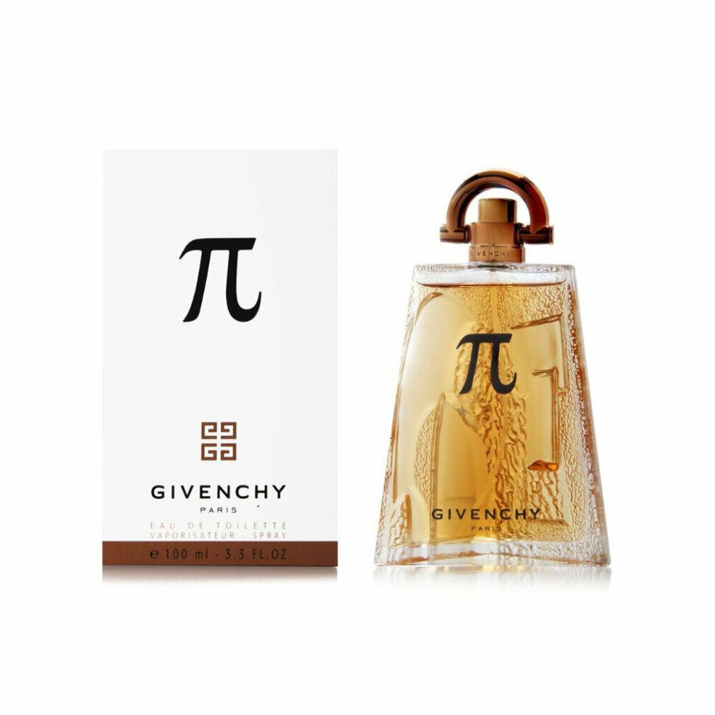 Fles en verpakking. Fles met gouden dop en Pi-symbool. Verpakking met Pi-symbool en Givenchy-logo.