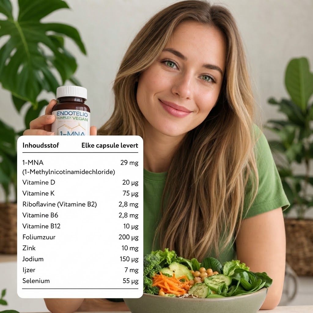 Vrouw houdt een flesje Endothelio 1-MNA Vegan voedingssupplement vast.