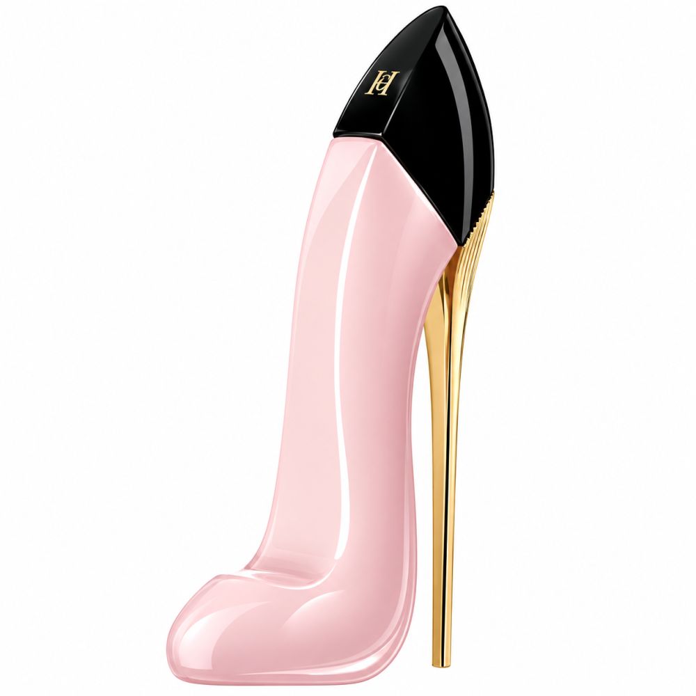 Roze pump-parfumfles met gouden hak en zwarte dop.