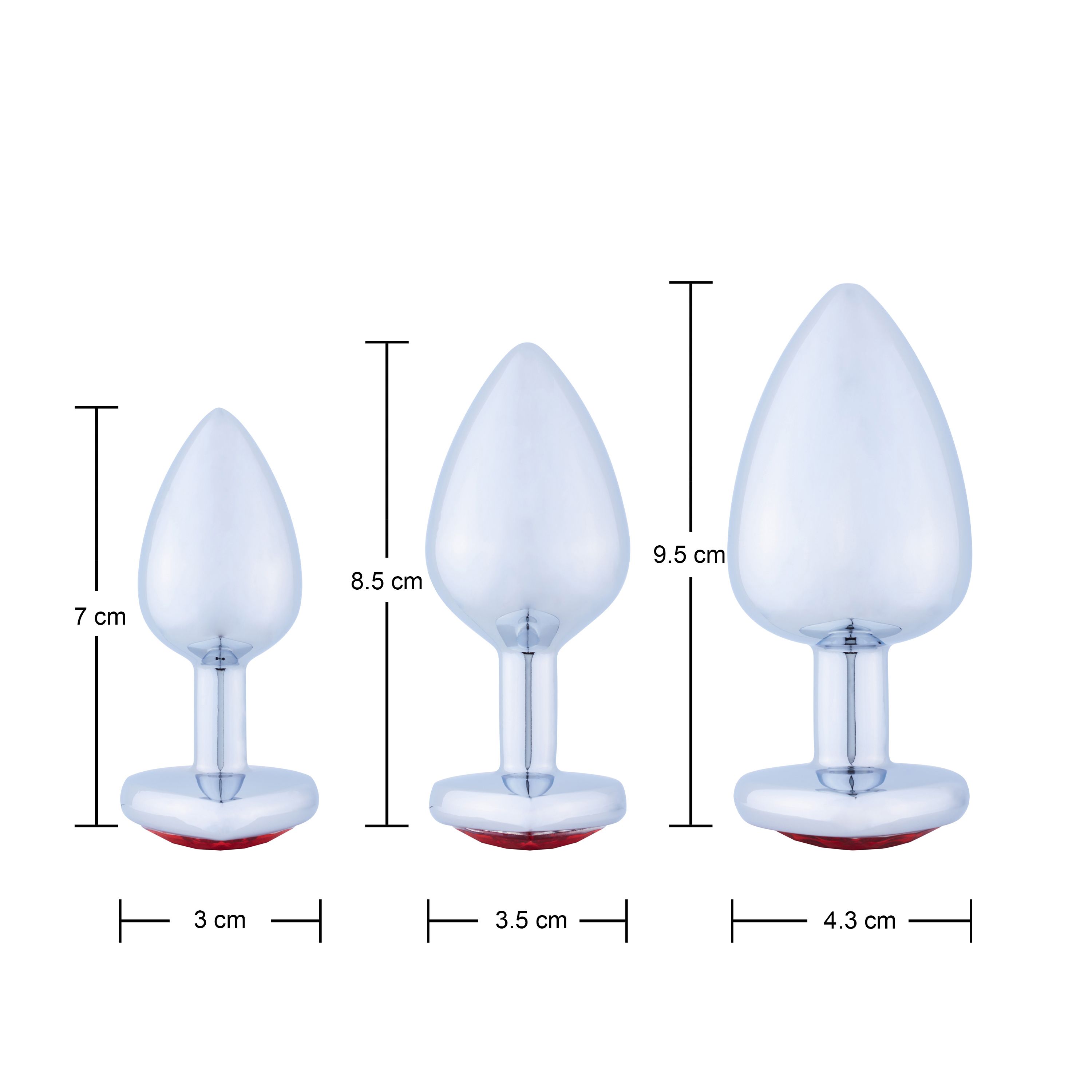Trois plugs anaux métalliques avec dimensions. Forme conique, base rouge.