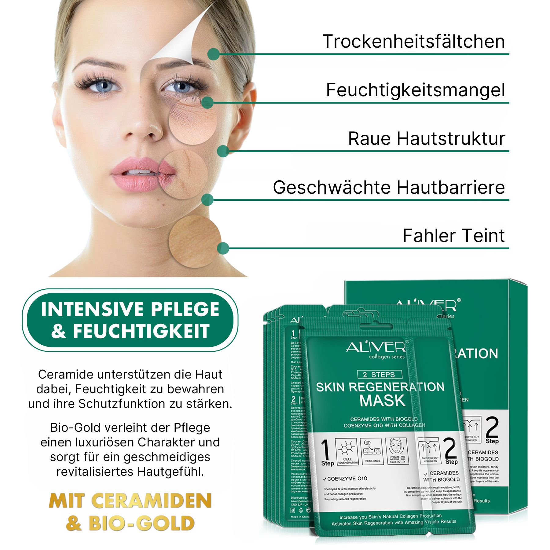 ALIVER 2-staps anti-aging gezichtsmaskersysteem met collageen en co-enzym Q10