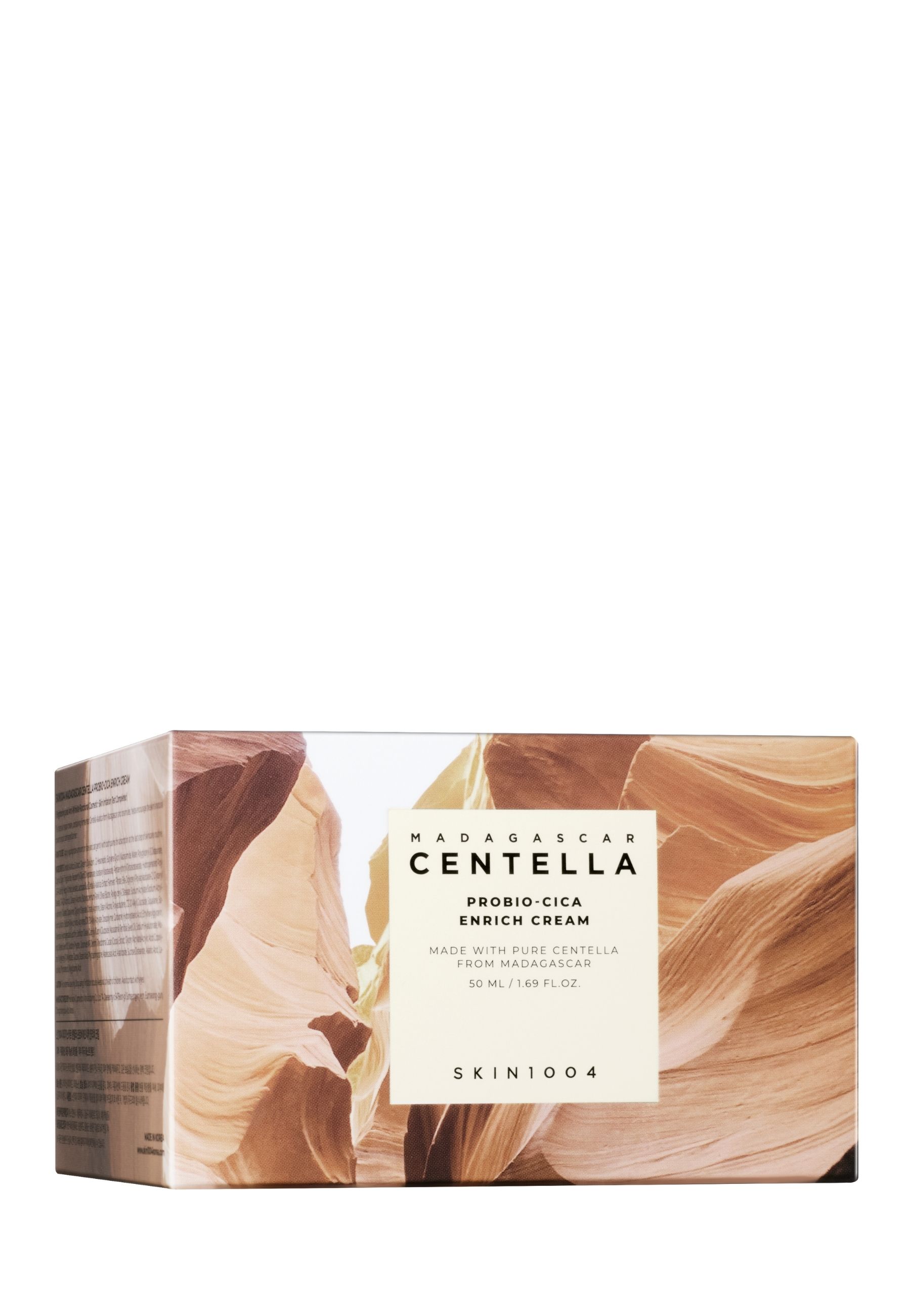 Emballage extérieur SKIN1004 Madagascar Centella Probio-Cica Enrich Cream avec motif canyon.
