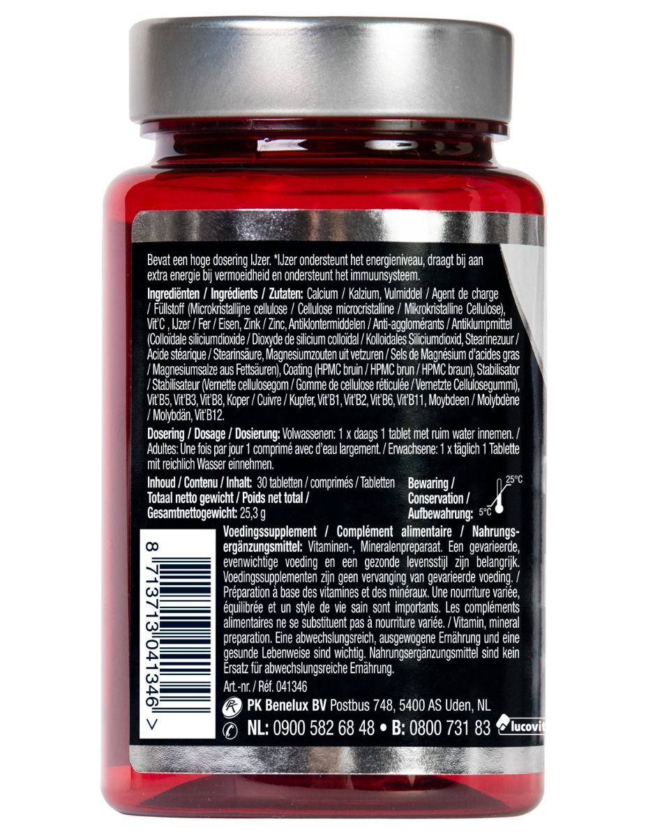 Achterkant rode tablettenfles. Ingrediëntenlijst, dosering, fabrikantinfo, houdbaarheidsdatum.