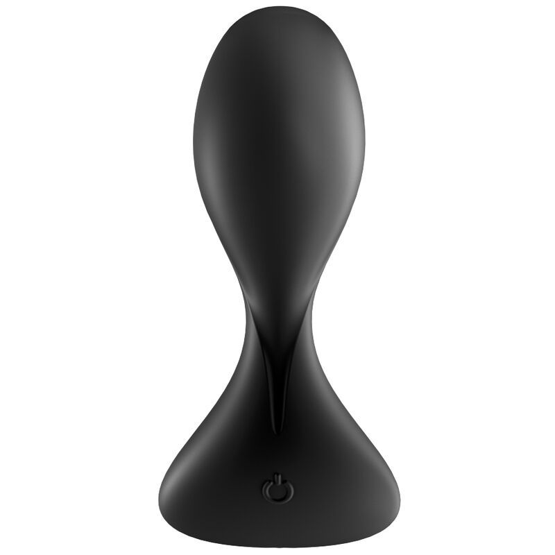 Zwarte vibrator met gebogen, gedraaide vorm. Aan/uit-symbool op de basis. Geïsoleerd op witte achtergrond.