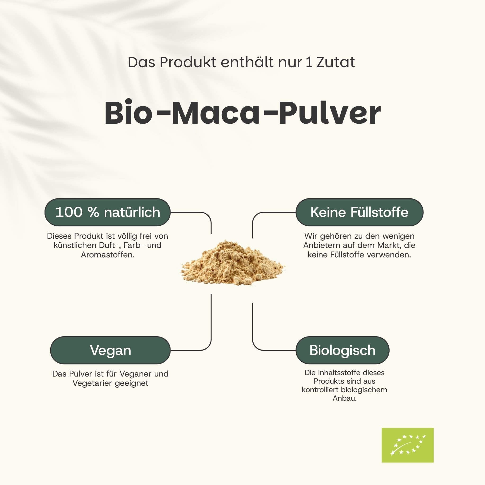 Biologische Maca poeder, 100% natuurlijk, vegan, zonder vulstoffen, biologisch geteeld. Toont een kleine hoeveelheid poeder.