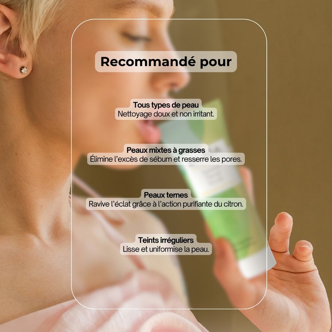 Image avant-après. Visage avec imperfections, puis peau lisse. Texte : Avant, Après.