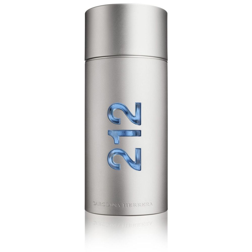 Carolina Herrera 212 Men Eau de Toilette. Flacon argenté avec inscription bleue 212. Forme cylindrique avec couvercle.