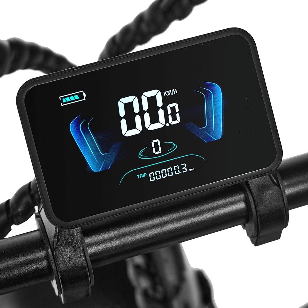 Affichage numérique avec éclairage bleu. Affiche la vitesse, l'indicateur de batterie et le kilométrage. Cadre noir.