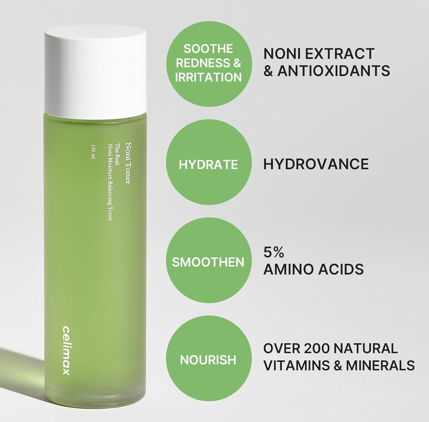 Groene fles met witte dop. Tekst: Soothe Redness & Irritation, Hydrate, Smoothen, Nourish. Ingrediënten.