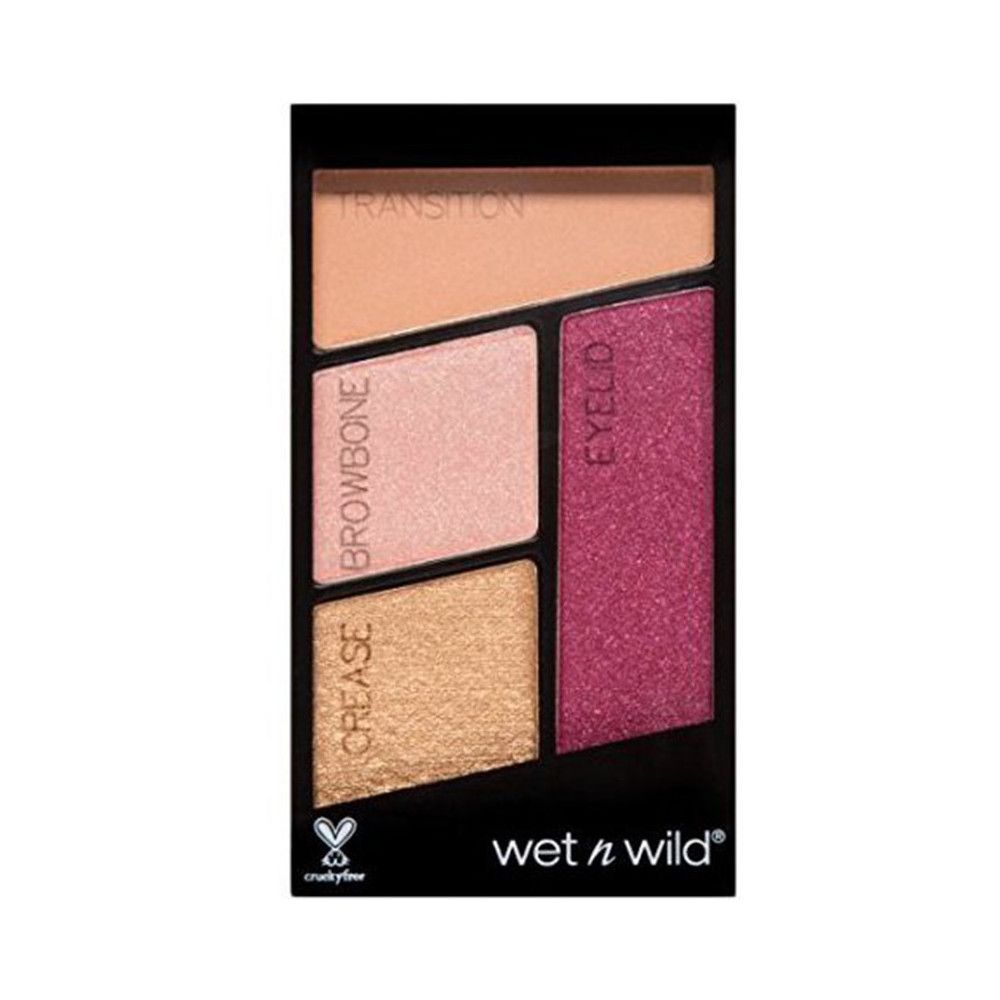 Palette de fards à paupières à quatre couleurs. Emballage noir. Couleurs : beige, rose, or et rose. Marque : Wet n Wild. Logo sans cruauté.