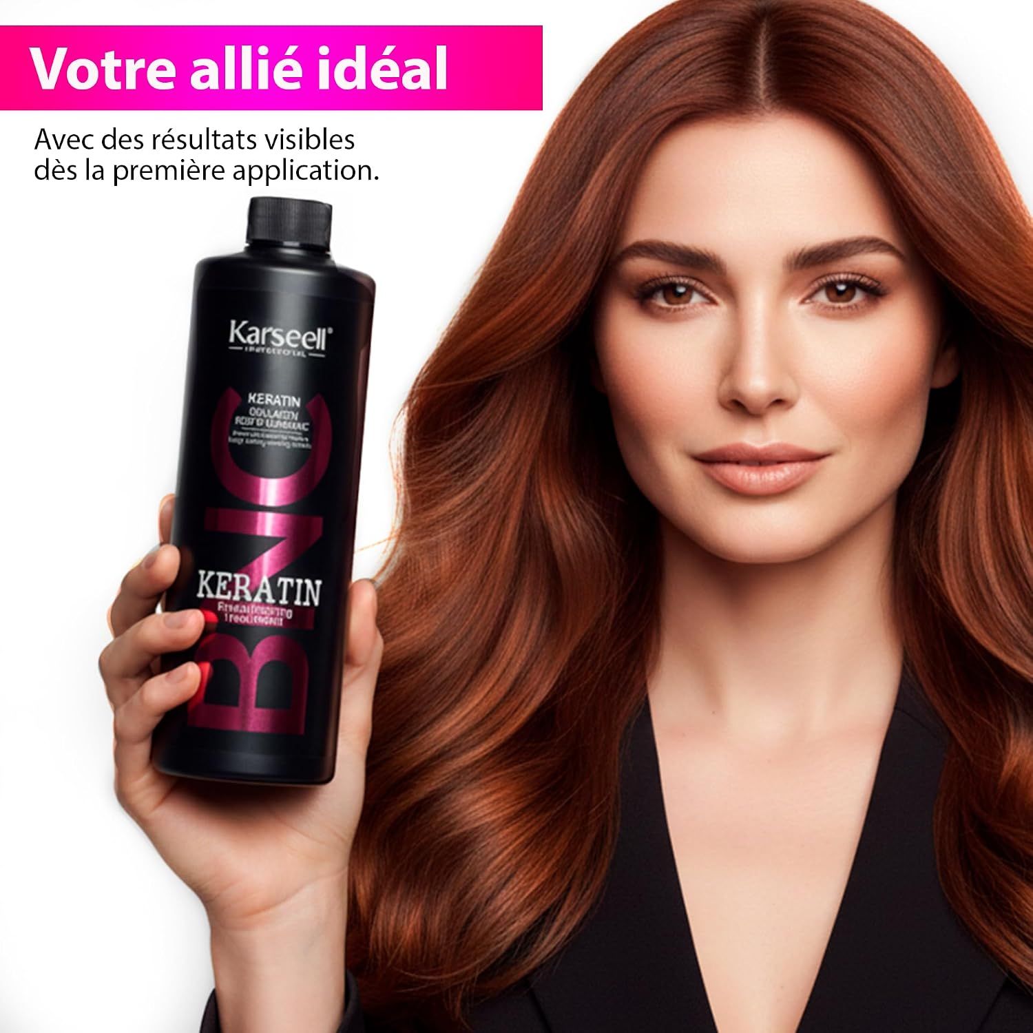 Bouteille noire avec inscriptions "Karseell" et "Keratin", tenue par une femme aux longs cheveux roux.