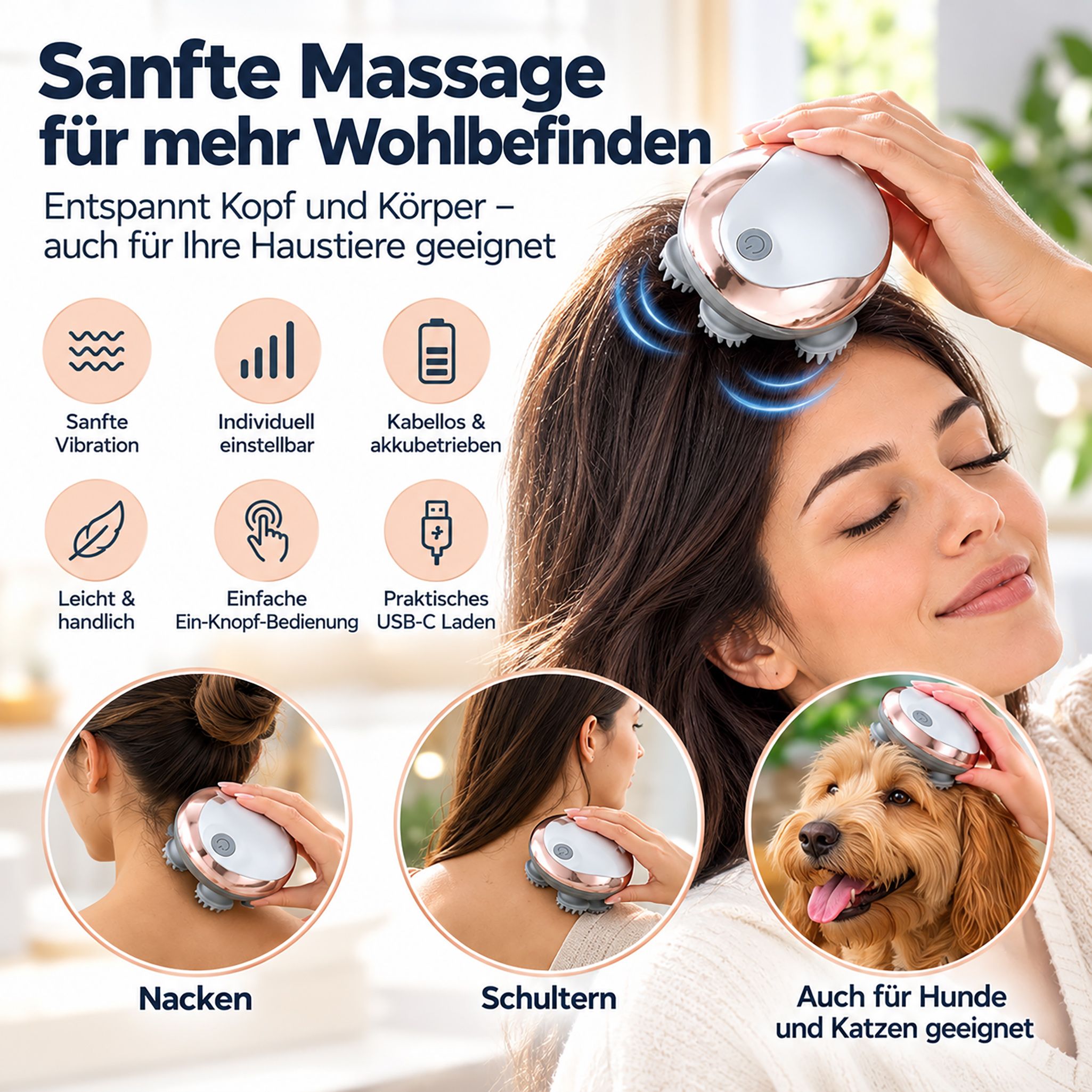 Hoofdmassager met roségouden bovenkant en vier grijze siliconen massagekoppen.