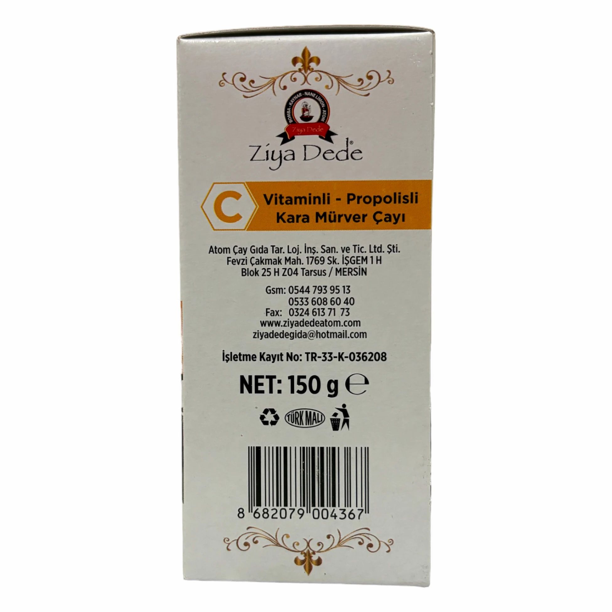 Emballage avec texte: Vitaminli - Propolisli Kara Mürver Çayı. Logo: Ziya Dede. Poids net: 150 g. Code-barres et coordonnées.