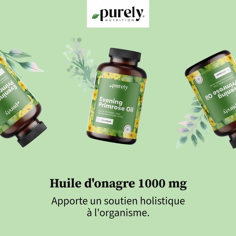 Trois flacons d'huile d'onagre 1000 mg. Inscription : Apporte un soutien holistique à l'organisme.