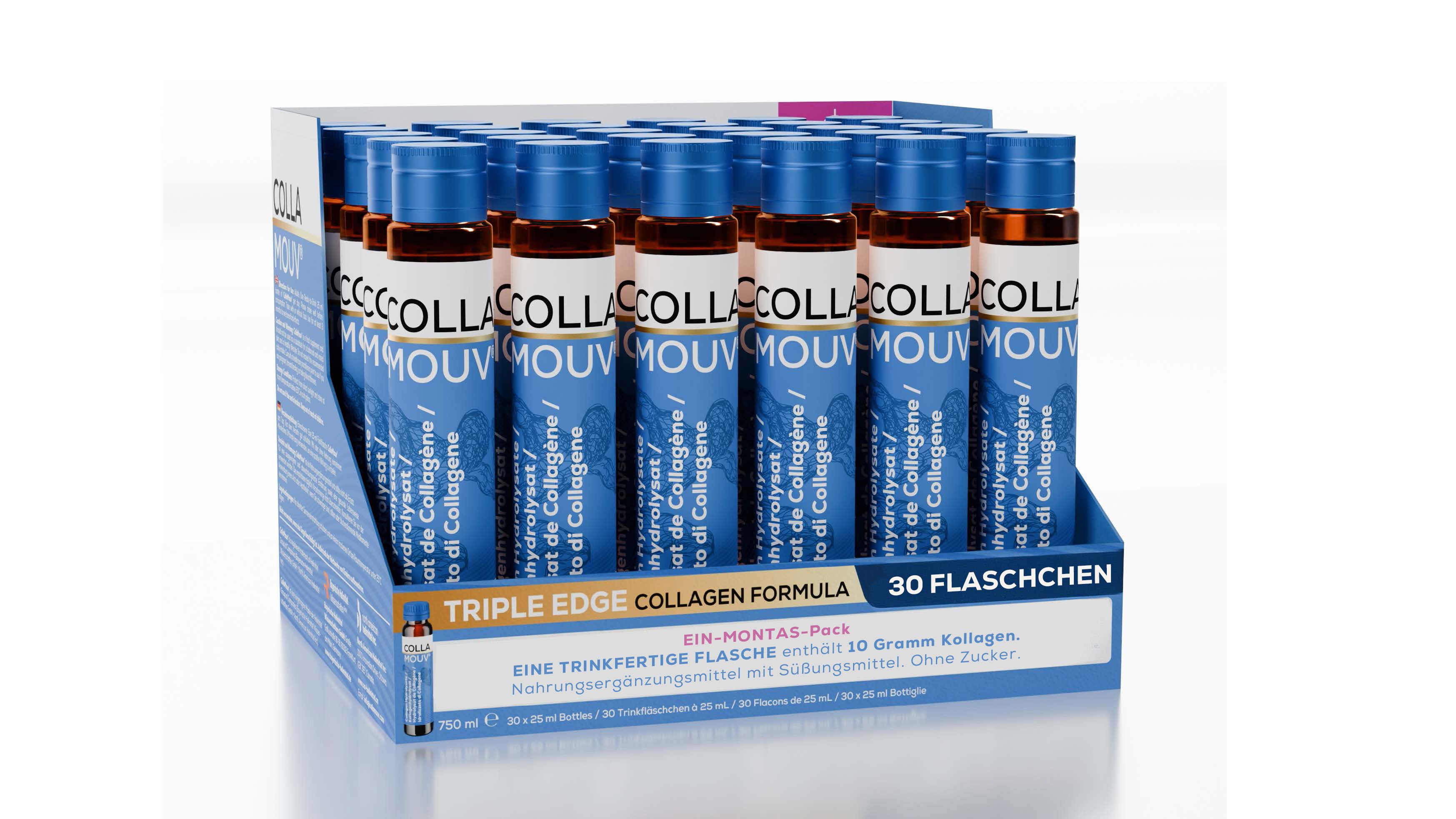 BHW Collamouv Original Collageen Hydrolysaat, 30 drinkflacons in een displaydoos.