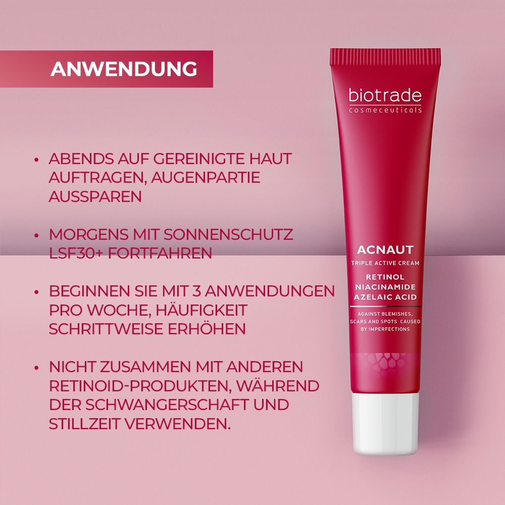 Tube rouge avec bouchon blanc. Texte: Biotrade, Acnaut Triple Active Cream. Contient du rétinol, de la niacinamide, de l'acide azélaïque. Fond rose.
