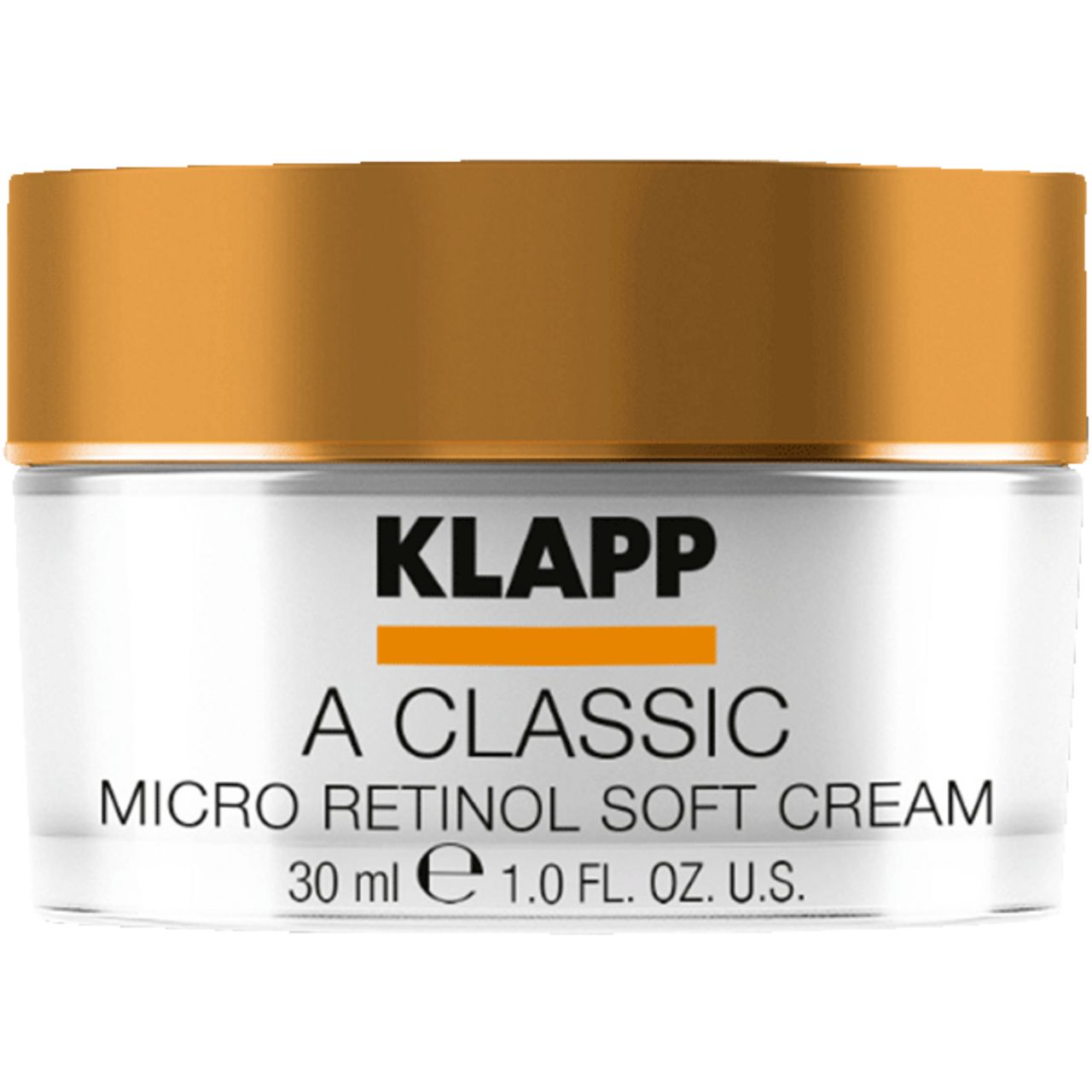 Crème potje met gouden deksel. Opschrift: KLAPP, A Classic Micro Retinol Soft Cream. Volume: 30 ml.