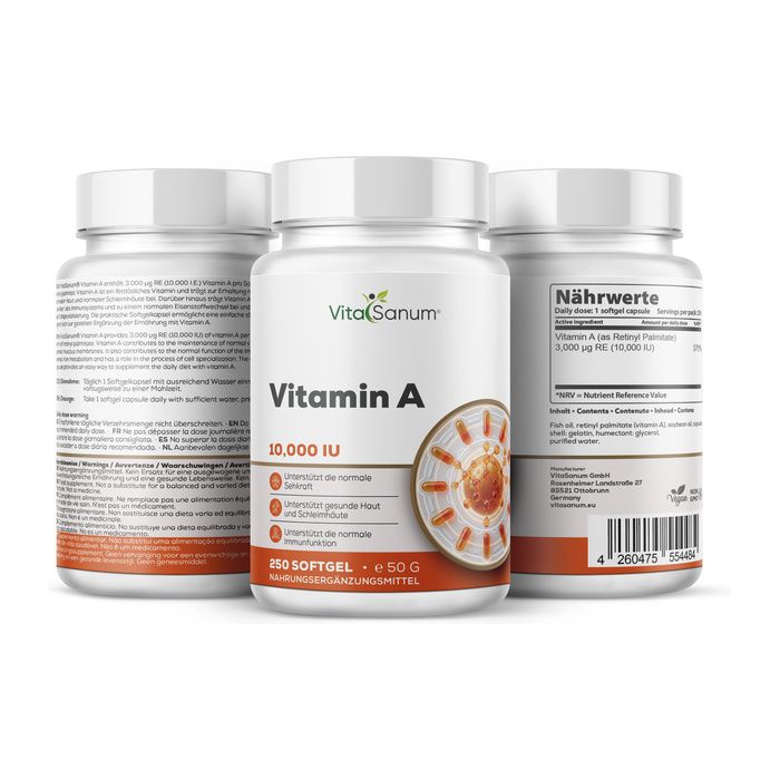 Drie flessen VitaSanum Vitamine A 10.000 IE voedingssupplement, 250 softgels.