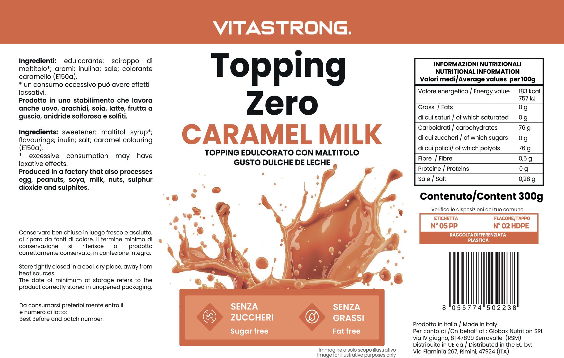 Etiket van Vitastrong Topping Zero Caramel Milk. Bevat ingrediënten en voedingswaarde-informatie. Met opschriften "Suikervrij" en "Vetvrij".
