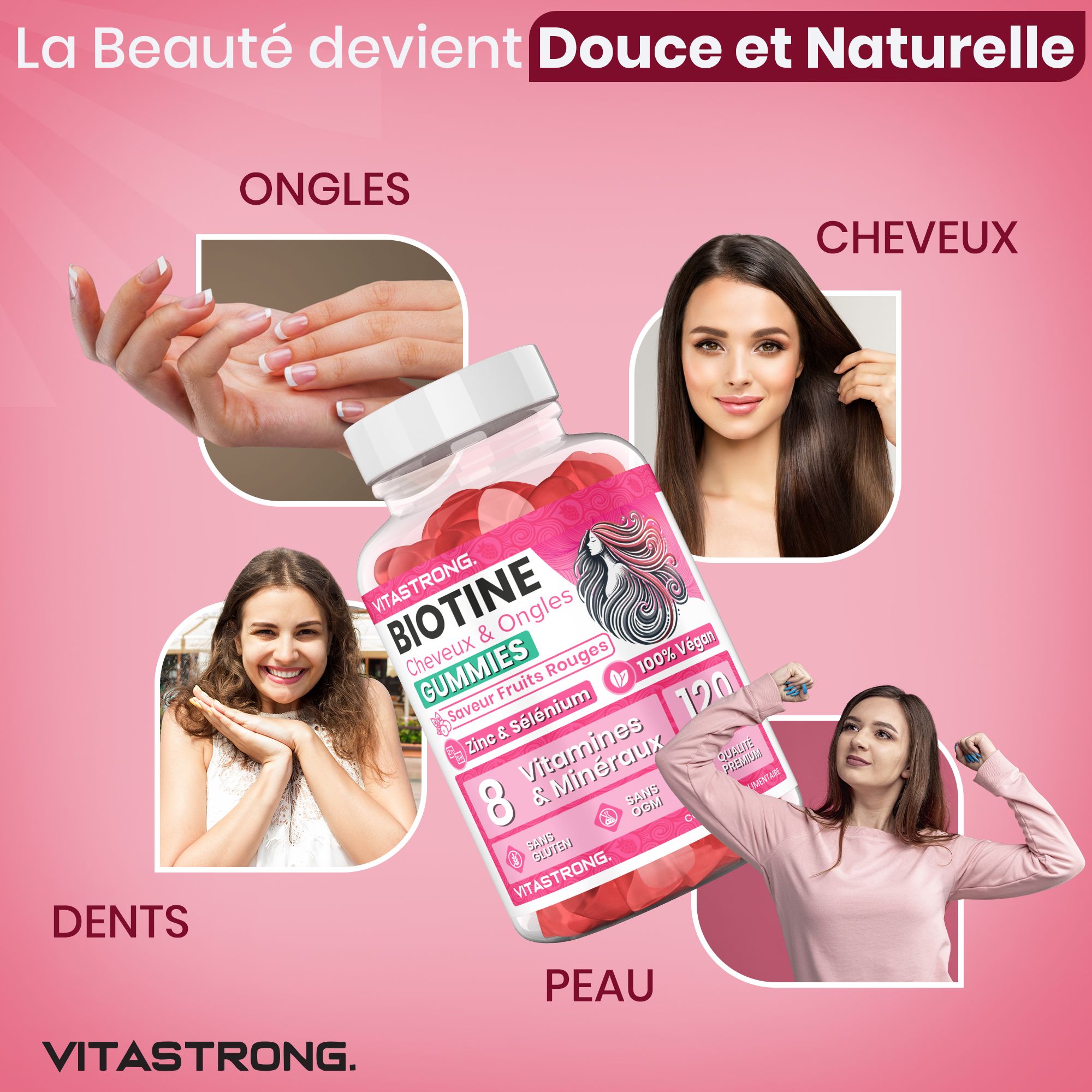 Femmes avec produit. Texte : Biotine Cheveux & Ongles Gummies, 120 gummies, 8 vitamines et minéraux. 100% végétalien. Pour cheveux, peau et ongles.