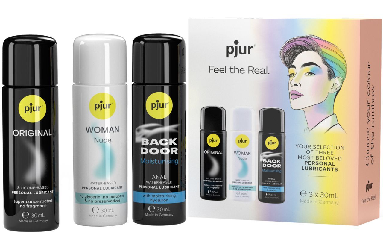 Pjur Pride Box met drie persoonlijke glijmiddelen van 30ml: Original, Woman Nude en Back Door.